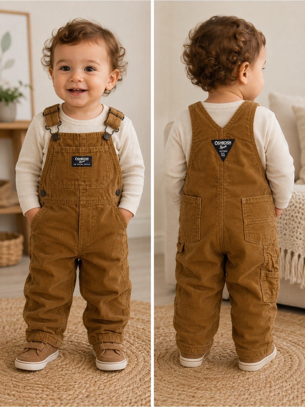 OshKosh B'gosh Tan Corduroy Fleece Lined Kids Overalls- size 12mo